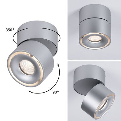 Modern silver metal LED ceiling spotlight with 350° rotation and 90° tilt for adjustable lighting