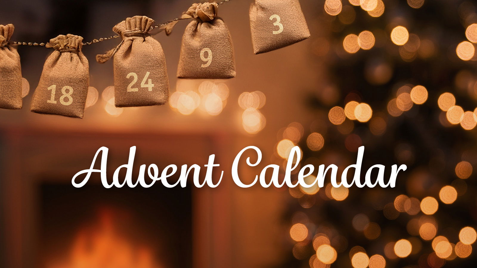 Advent calendar with brown fabric bags numbered, warm fireplace and Christmas tree lights in background