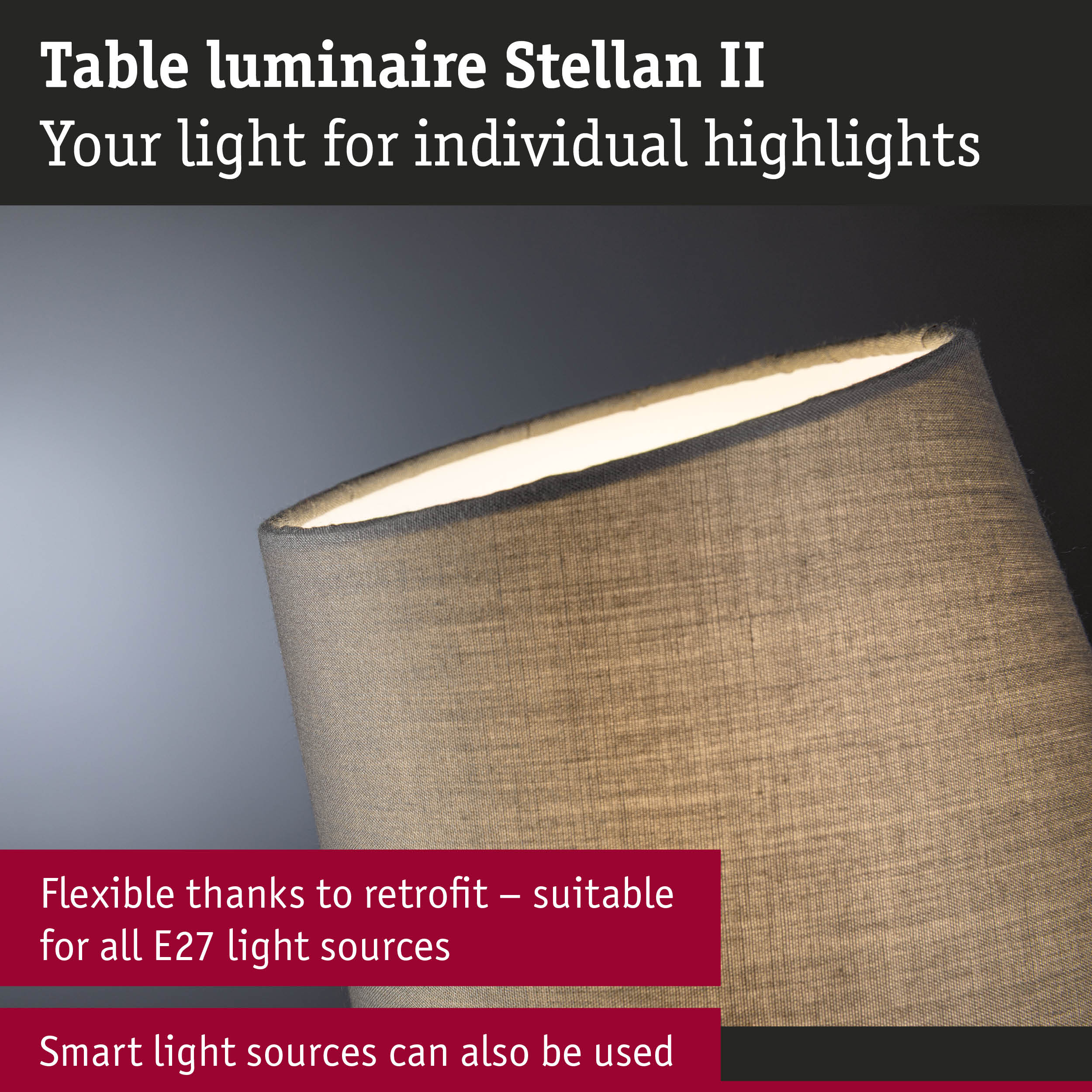 Stellan II table lamp with grey fabric shade and E27 socket for flexible LED lighting options
