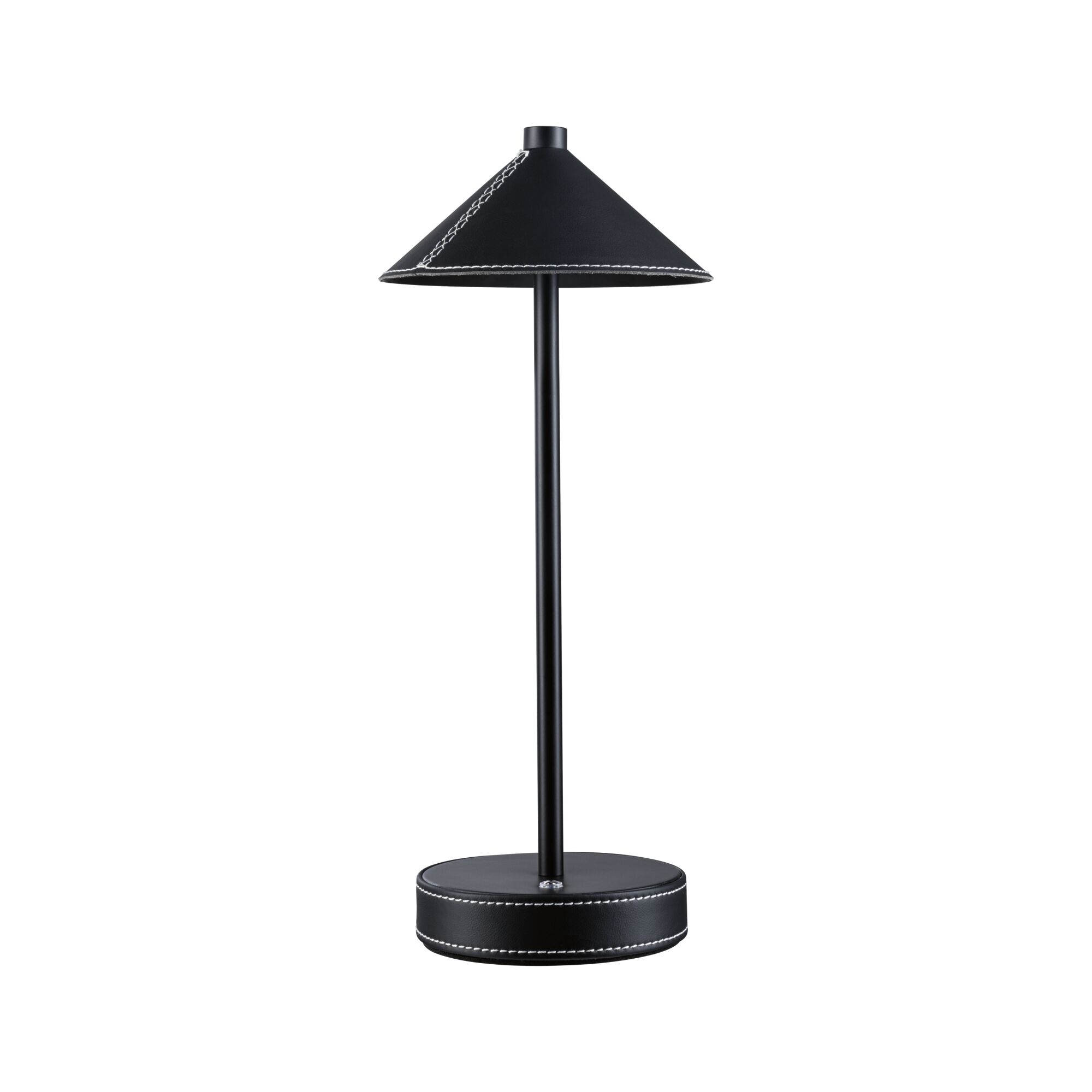 Schwarze Tischlampe mit Lederbezug und weißer Ziernaht, moderner LED-Leuchte für Wohnräume