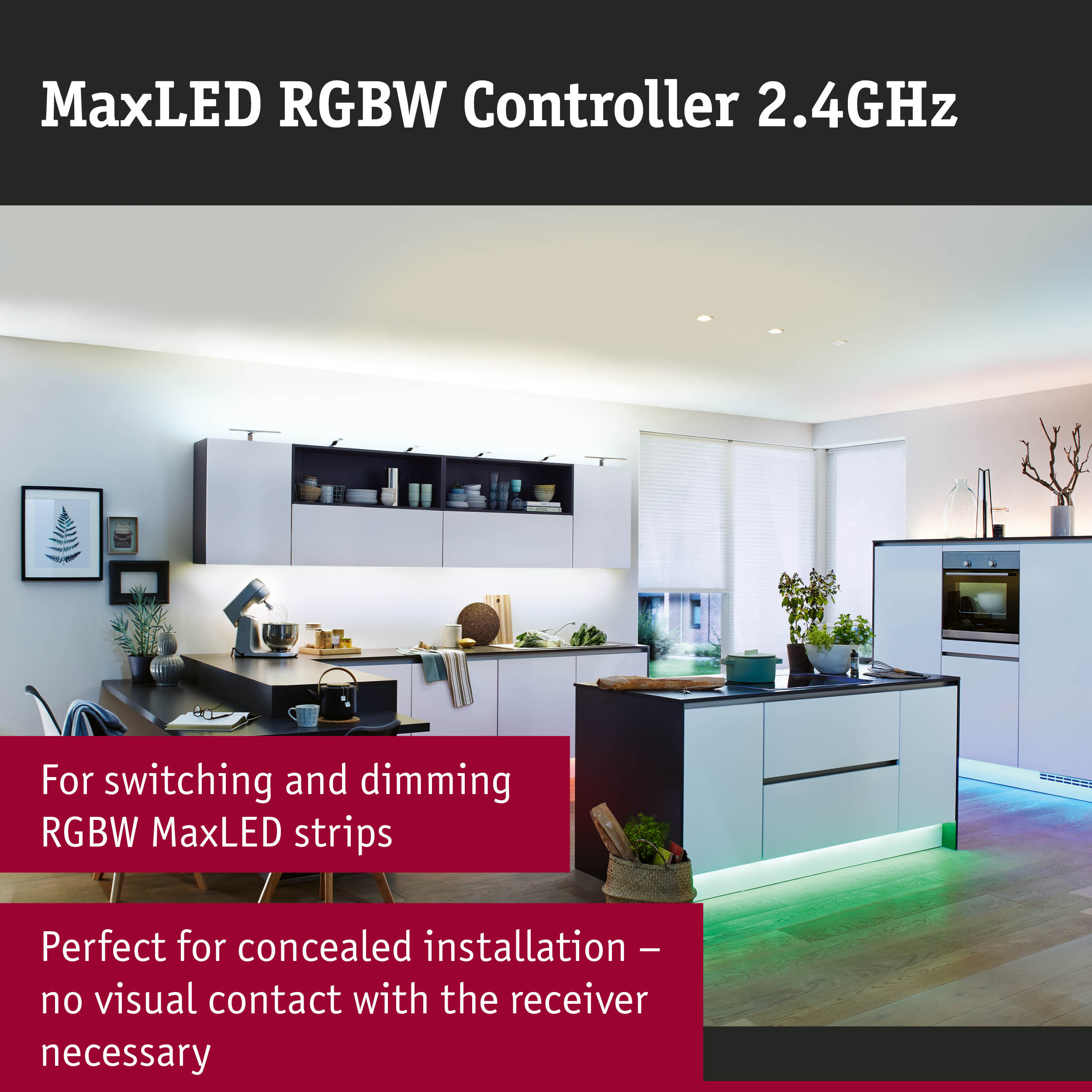 Modern white kitchen featuring RGBW MaxLED Controller 2.4GHz with colorful LED floor lighting