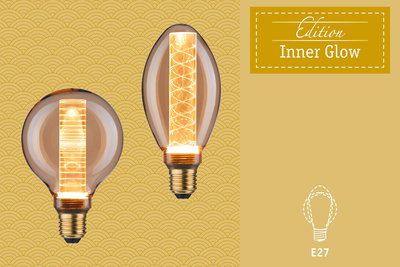 Zwei dekorative E27 LED-Leuchtmittel mit warmem Inner Glow Licht und bernsteinfarbenem Glas für stimmungsvolle Beleuchtung