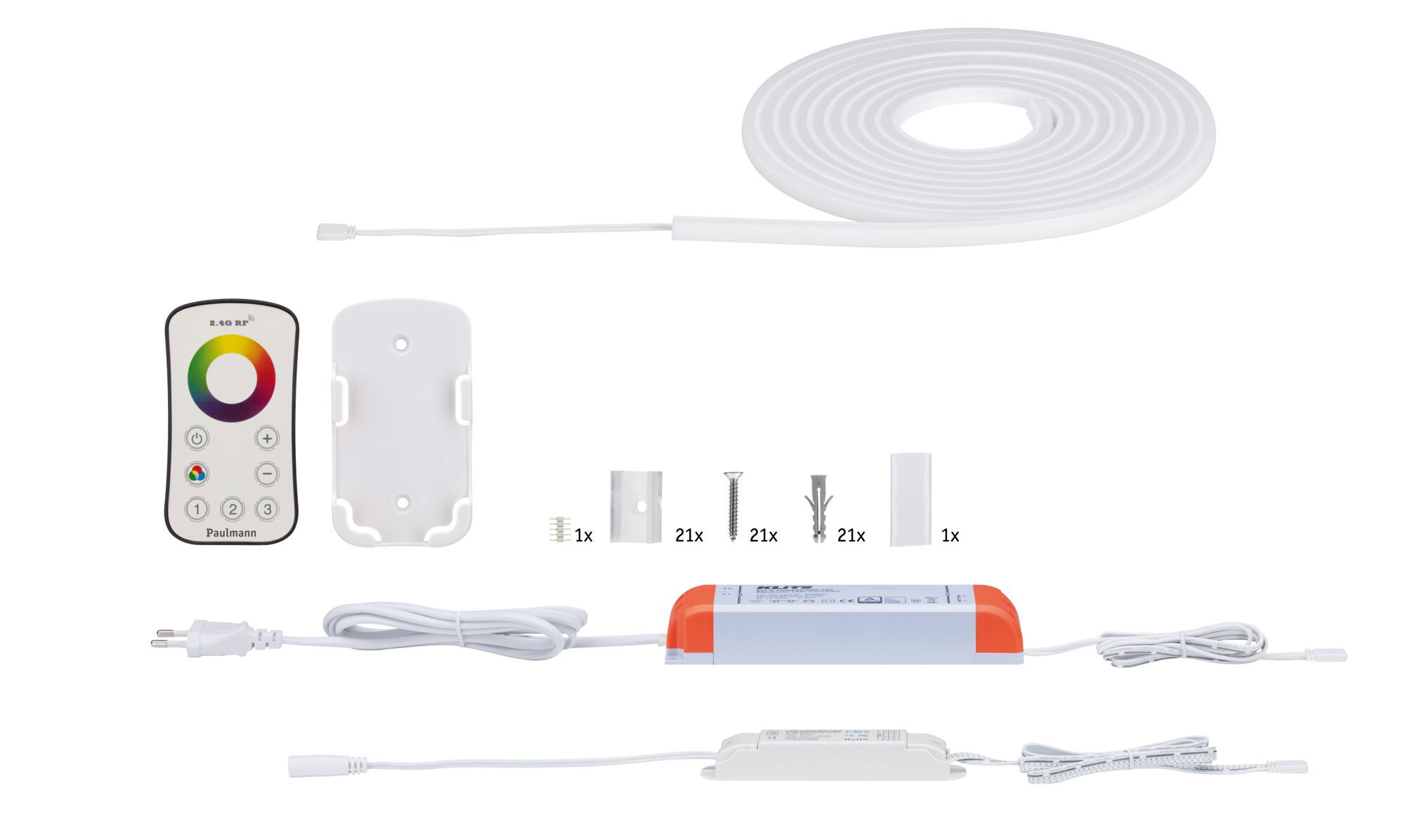 Weißes LED-Lichtband mit Fernbedienung, Netzteil und Montagematerial für flexible Lichtgestaltung.