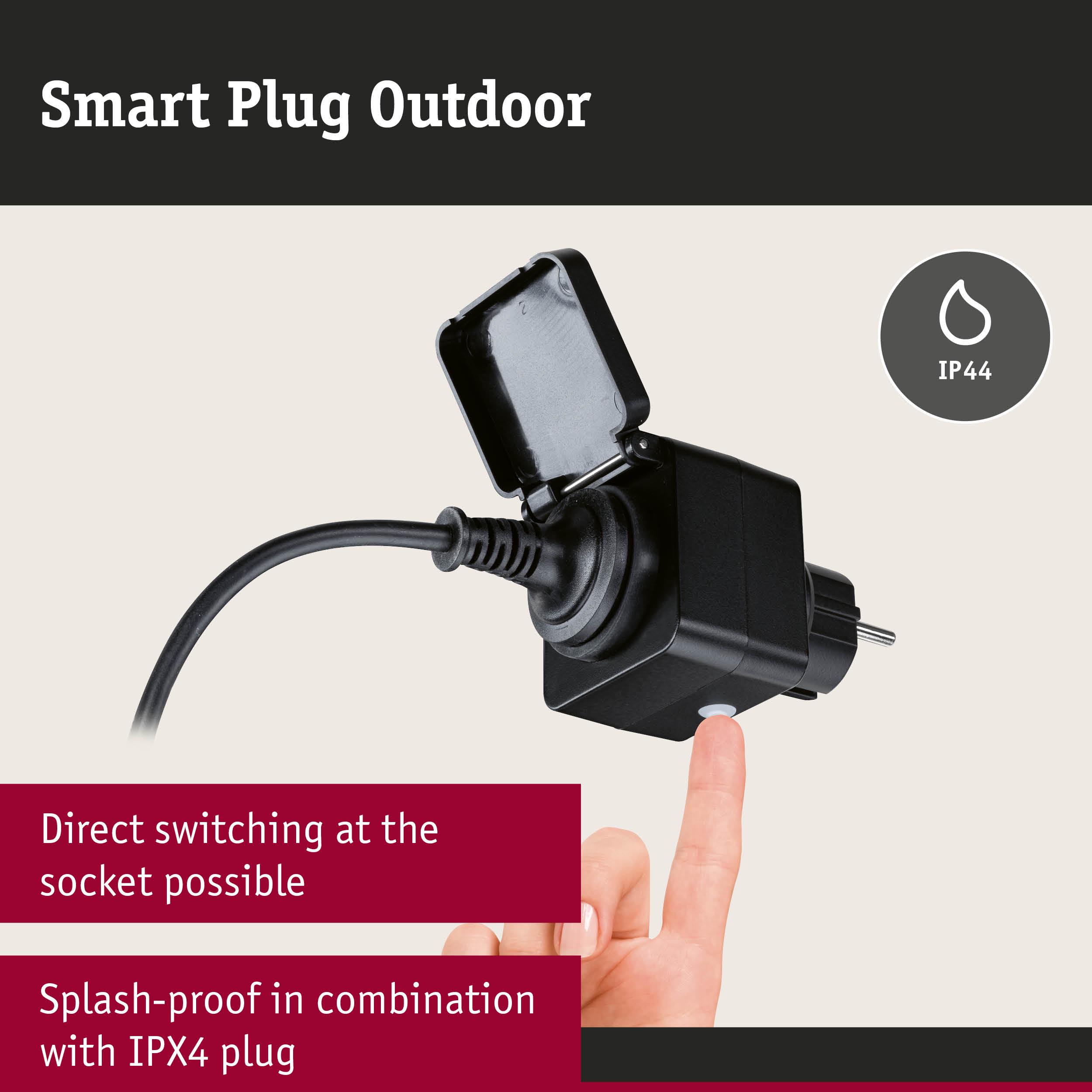 Black outdoor smart plug with IP44 splash-proof rating and direct switch for garden lighting control