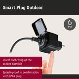 Black outdoor smart plug with IP44 splash-proof rating and direct switch for garden lighting control