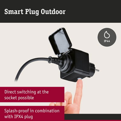 Black outdoor smart plug with IP44 splash-proof rating and direct switch for garden lighting control
