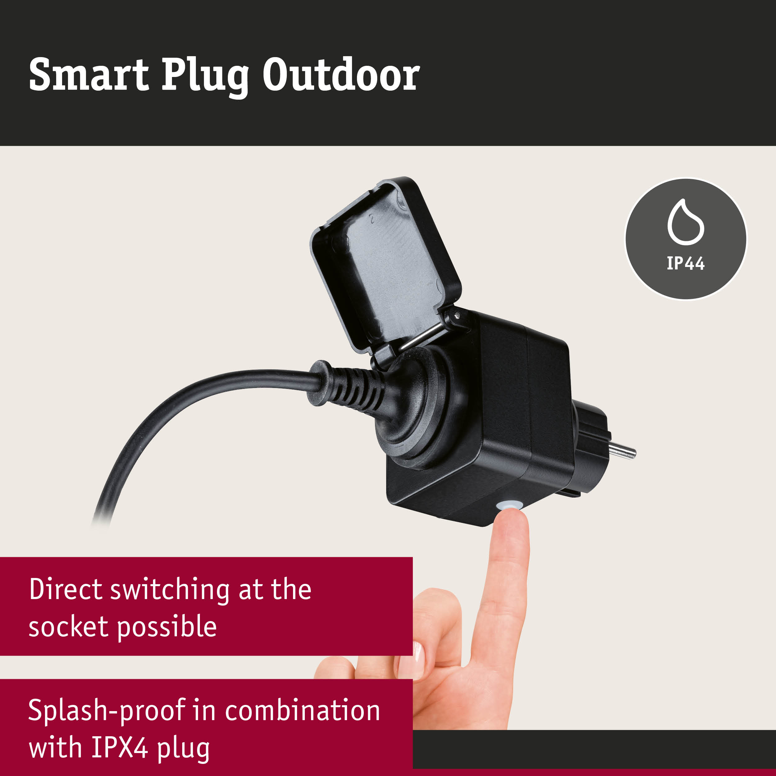 Black outdoor smart plug with IP44 splash-proof rating for safe outdoor electrical connection