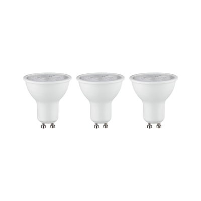 Three white LED reflector bulbs with GU10 base for energy-efficient indoor lighting solutions.