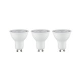 Drei weiße LED-Reflektorlampen mit GU10-Sockel für energiesparende Beleuchtung im Innenbereich.