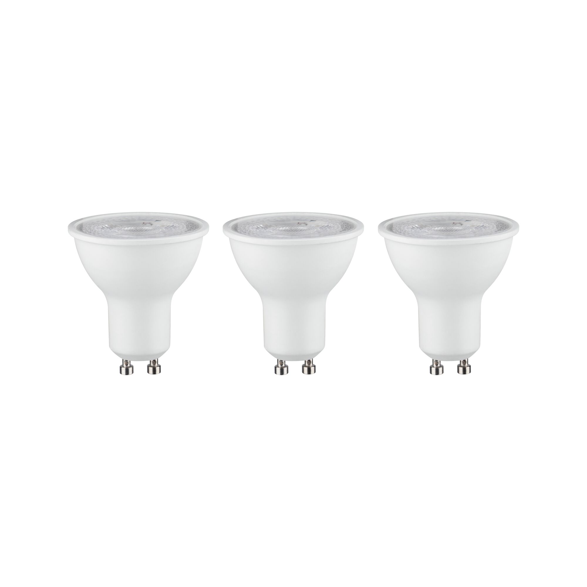 230 V Standard LED Reflector GU10 3-piece set 3x460lm 3x7W 4000K Matt white Three white LED reflector bulbs with GU10 base for energy-efficient indoor lighting solutions.