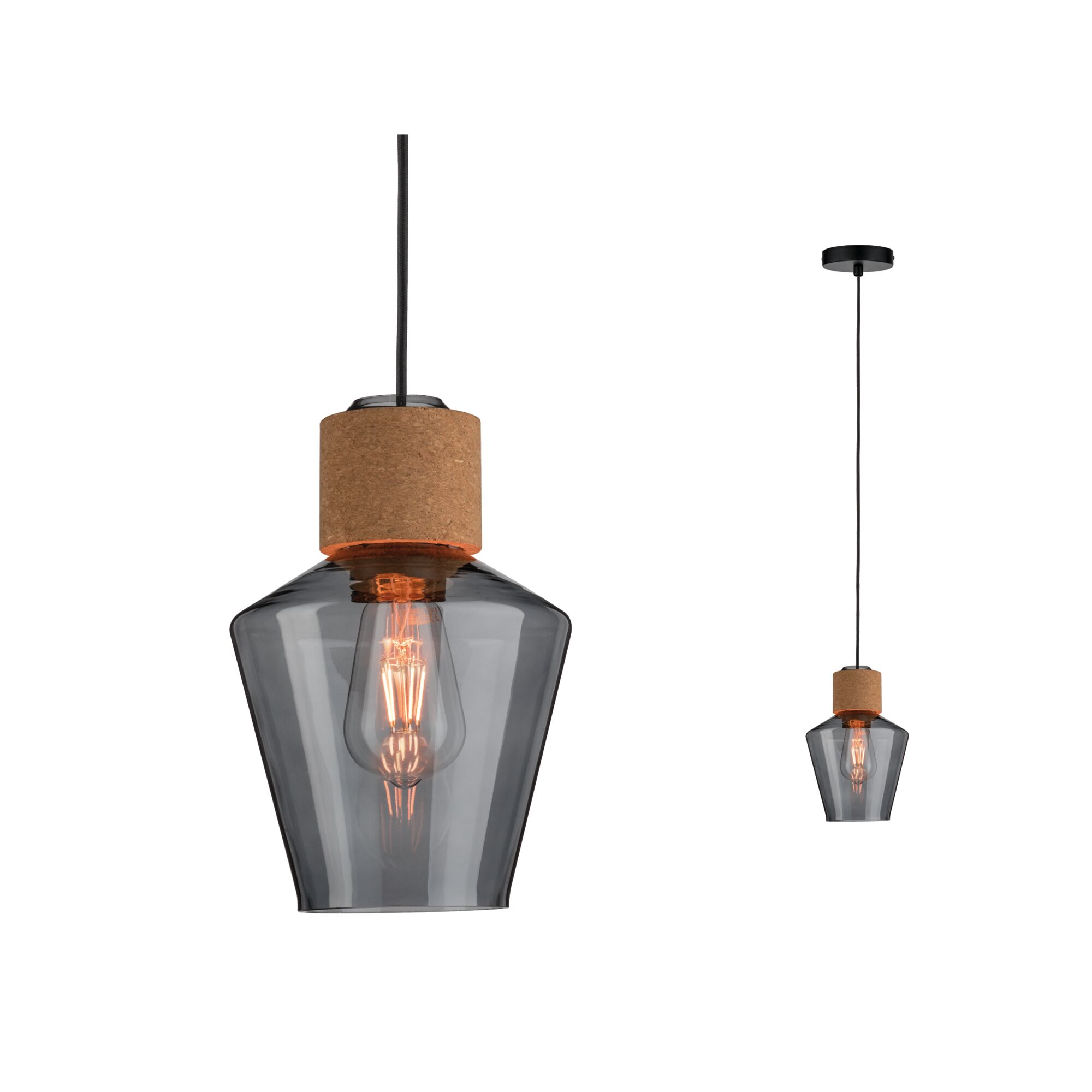 Neordic Luminaire en suspension Edla E27 max. 20W Verre fumé/Liège/Noir gradable Verre/Liège/Métal Suspension en verre fumé avec détail en liège, éclairage moderne pour intérieur