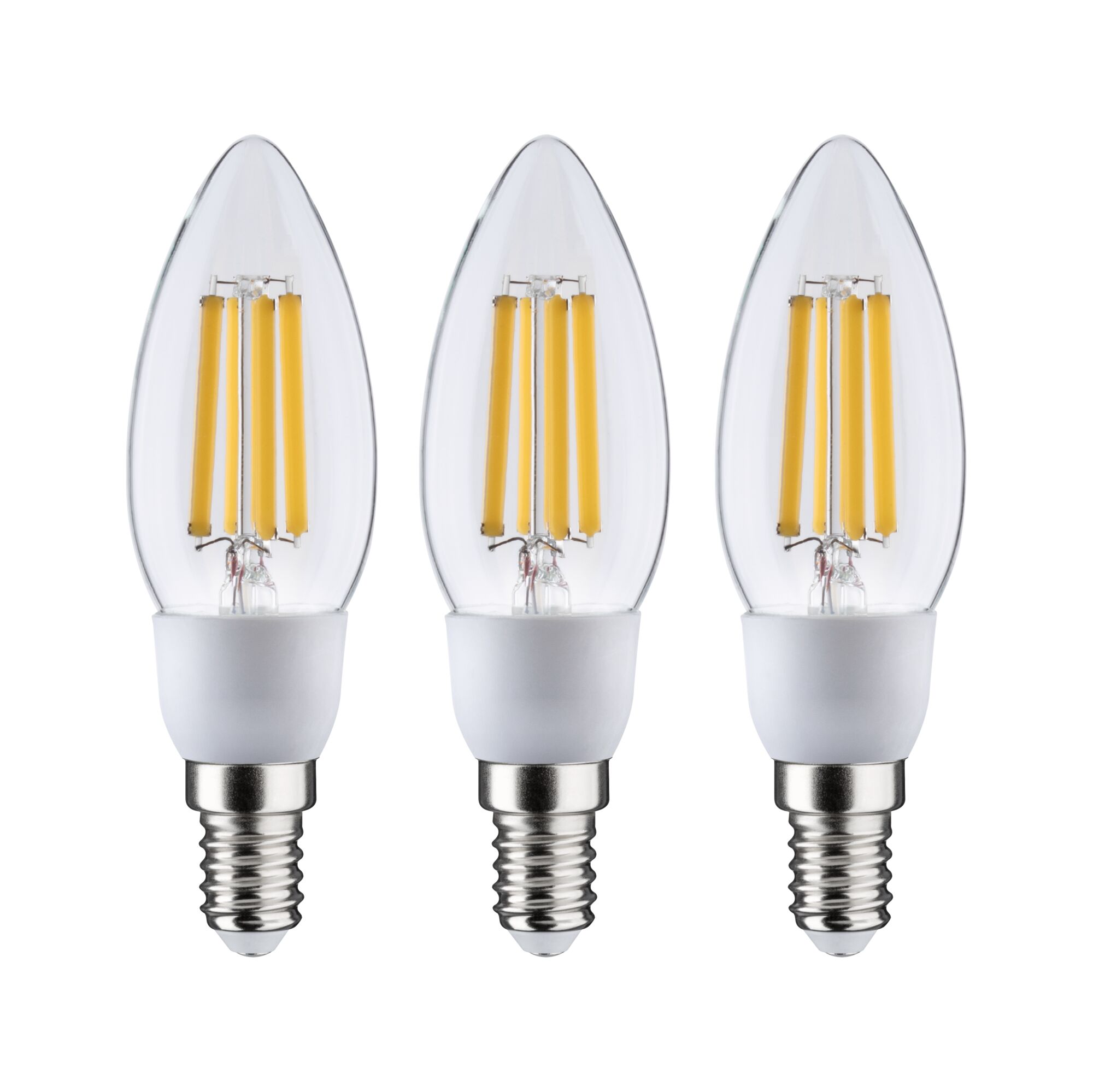 Drei LED-Kerzenlampen mit klarer Glasabdeckung und E14-Fassung für energiesparende Beleuchtung