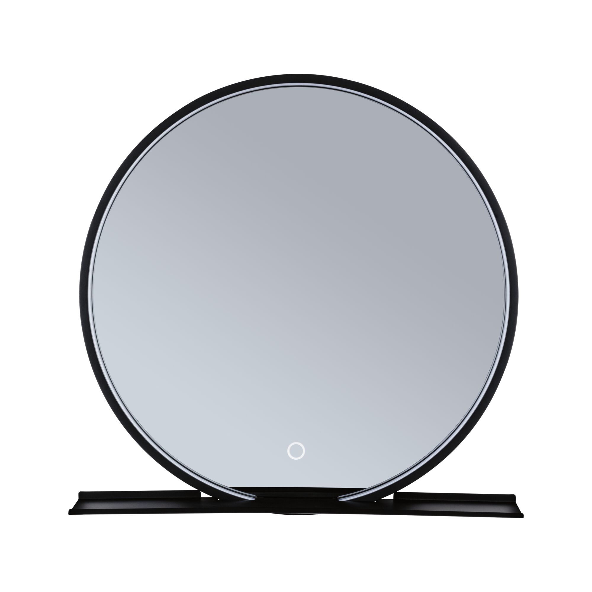 Miroir rond avec cadre noir et éclairage LED, design moderne pour salle de bain ou chambre