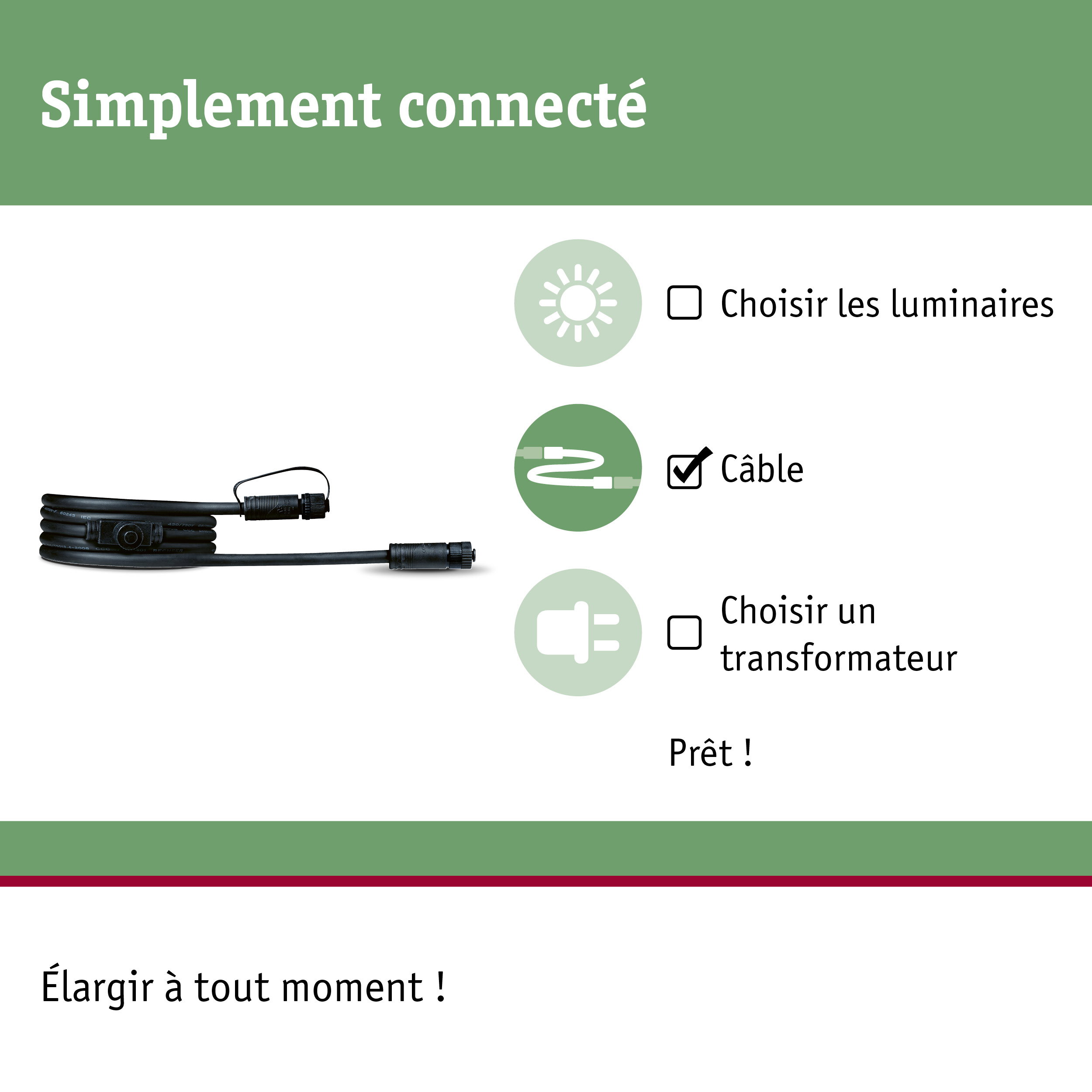 Câble de connexion noir avec prises pour systèmes d'éclairage, flexible et extensible