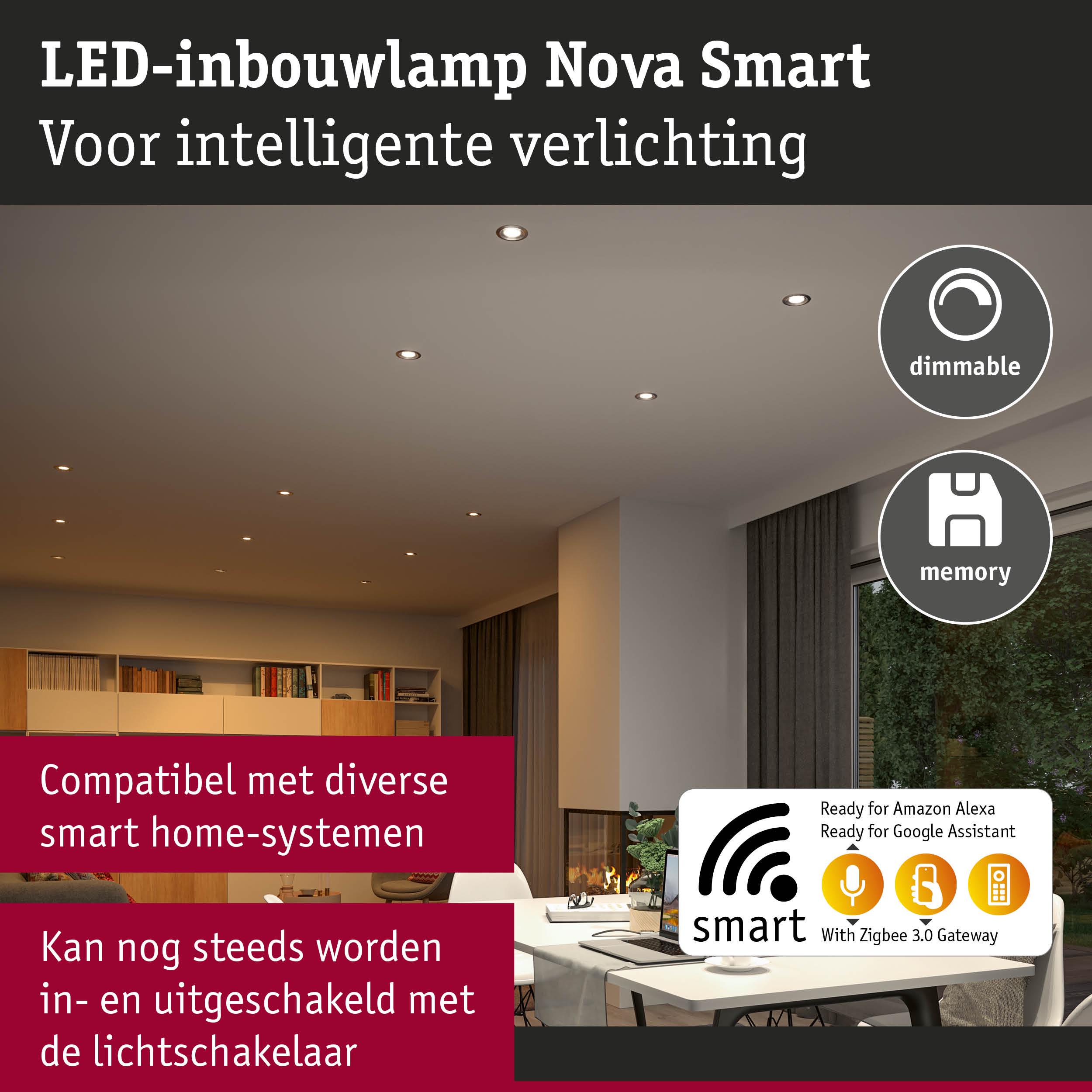 Moderne LED-inbouwlampen Nova Smart in warm wit, dimbaar en compatibel met smart home systemen