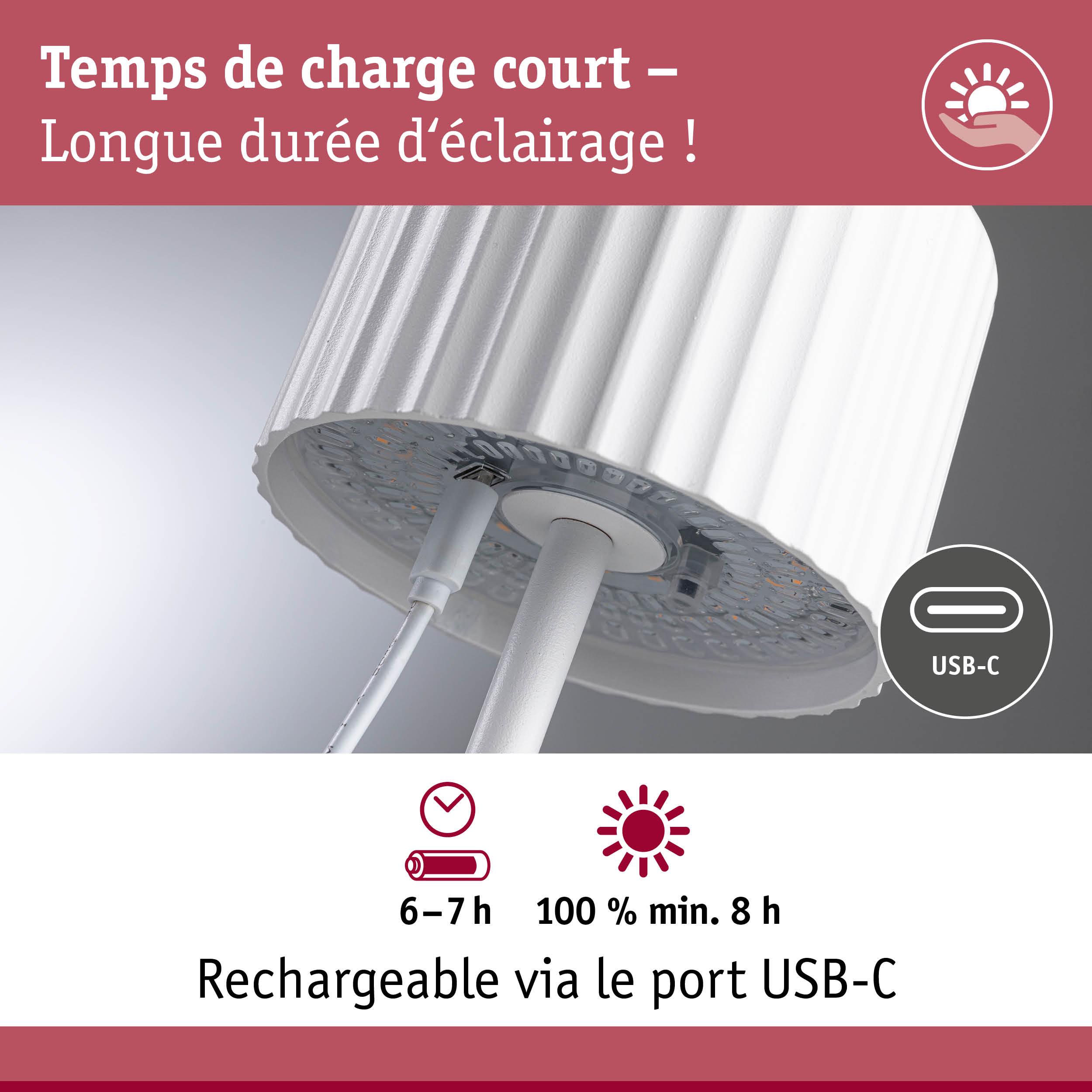 Lampe de table LED blanche rechargeable via USB-C avec longue durée d’éclairage d’au moins 8 heures