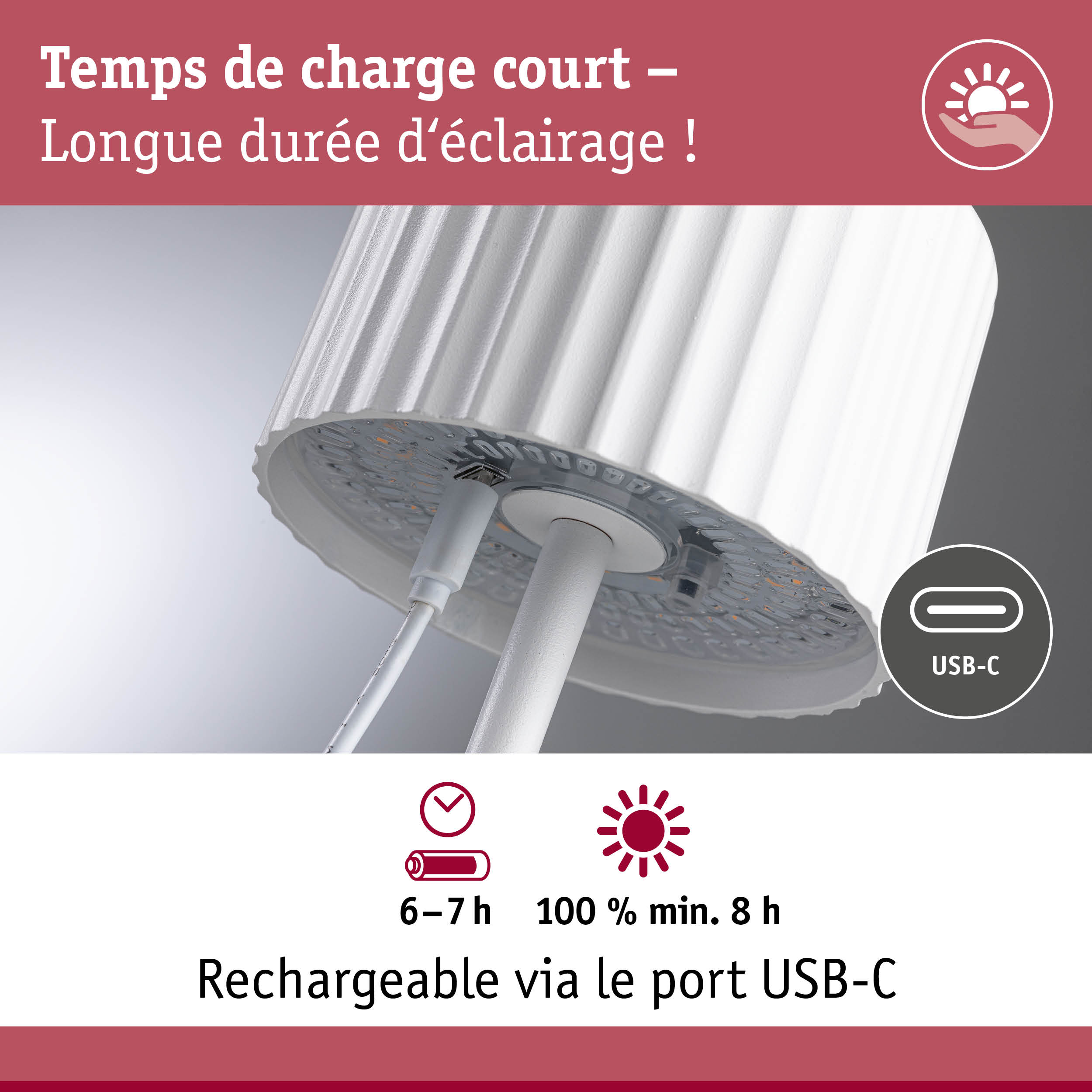 Tête de lampe LED blanche avec port USB-C pour une charge rapide et une longue durée d'éclairage