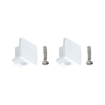 Two white plastic end caps with screws for LED aluminum profiles, accessory for LED lighting setups