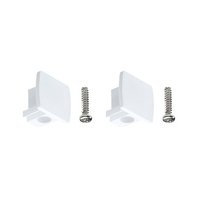 Two white plastic cover caps with screws for furniture assembly, practical mounting accessories