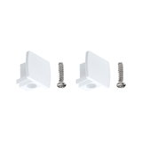 Two white plastic cover caps with screws for furniture assembly, practical mounting accessories