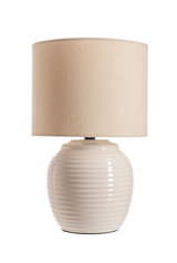 Beige table lamp with ribbed ceramic base and fabric shade, decorative home lighting