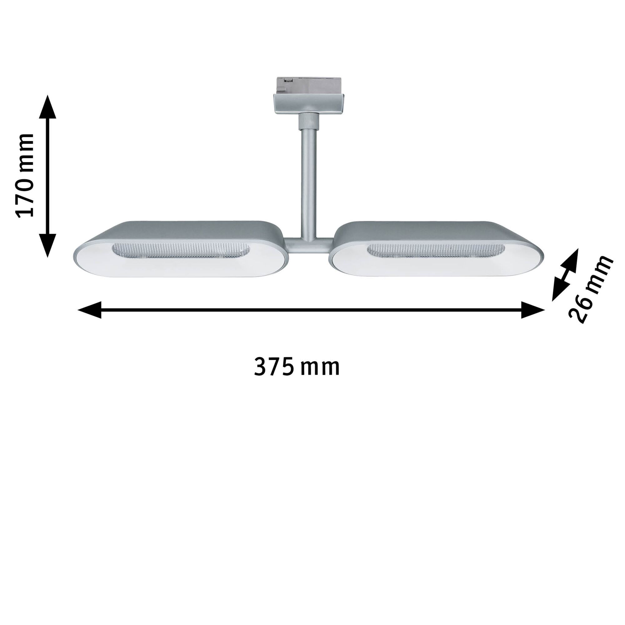 Silver LED ceiling light with two elongated light panels measuring 375x170x26 mm for modern lighting