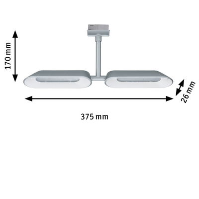 Silver LED ceiling light with two elongated light panels measuring 375x170x26 mm for modern lighting