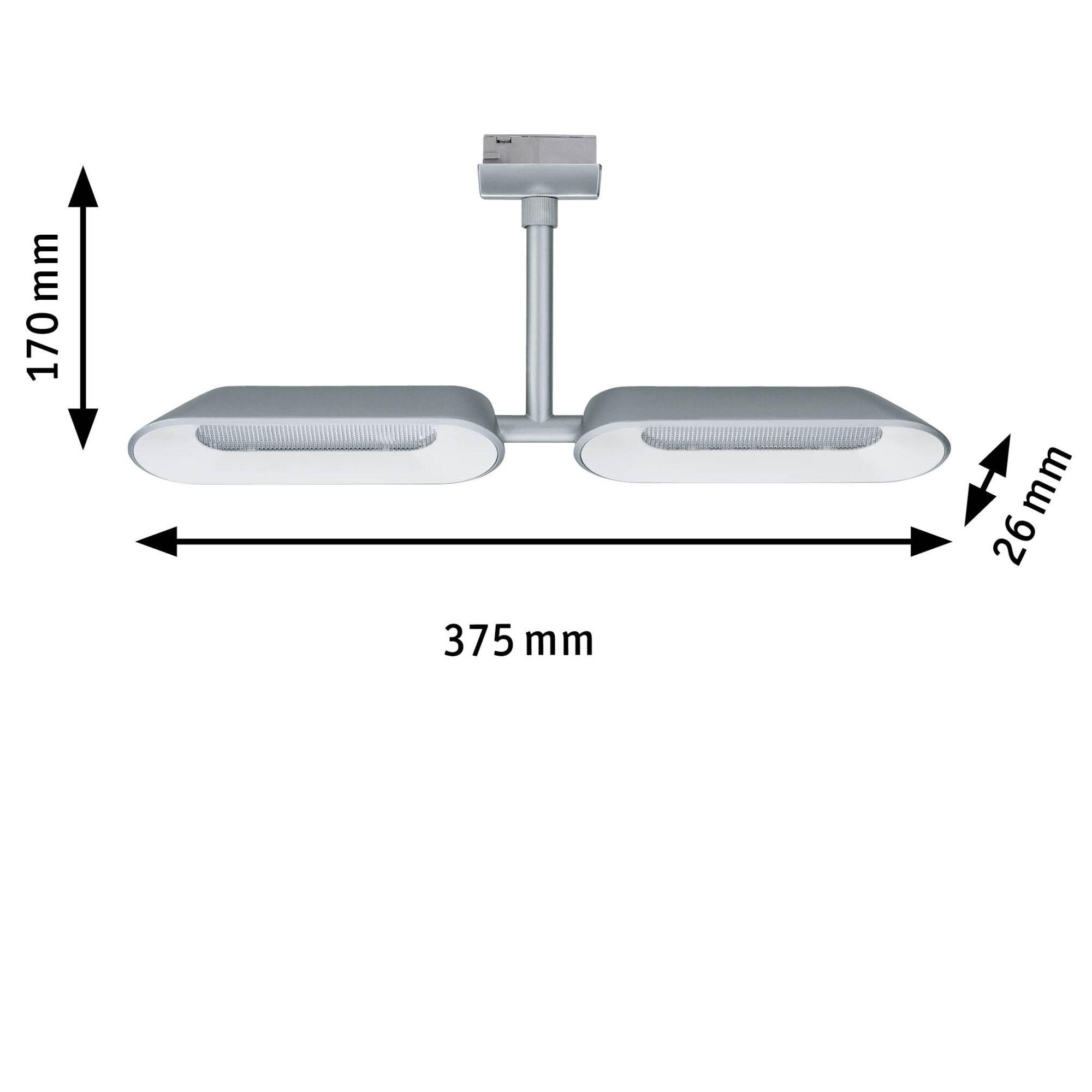 Silberne LED-Deckenleuchte mit zwei länglichen Leuchtflächen und Maßen 375x170x26 mm für moderne Beleuchtung