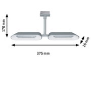Modern silver metal ceiling light with two oval lampshades measuring 375x170x126 mm