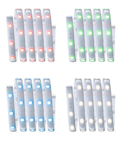 Quatre bandes LED en rouge, vert, bleu et blanc chaud avec dos adhésif pour éclairage polyvalent