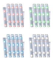 Four LED light strips in red, green, blue, and warm white with adhesive backing for versatile lighting