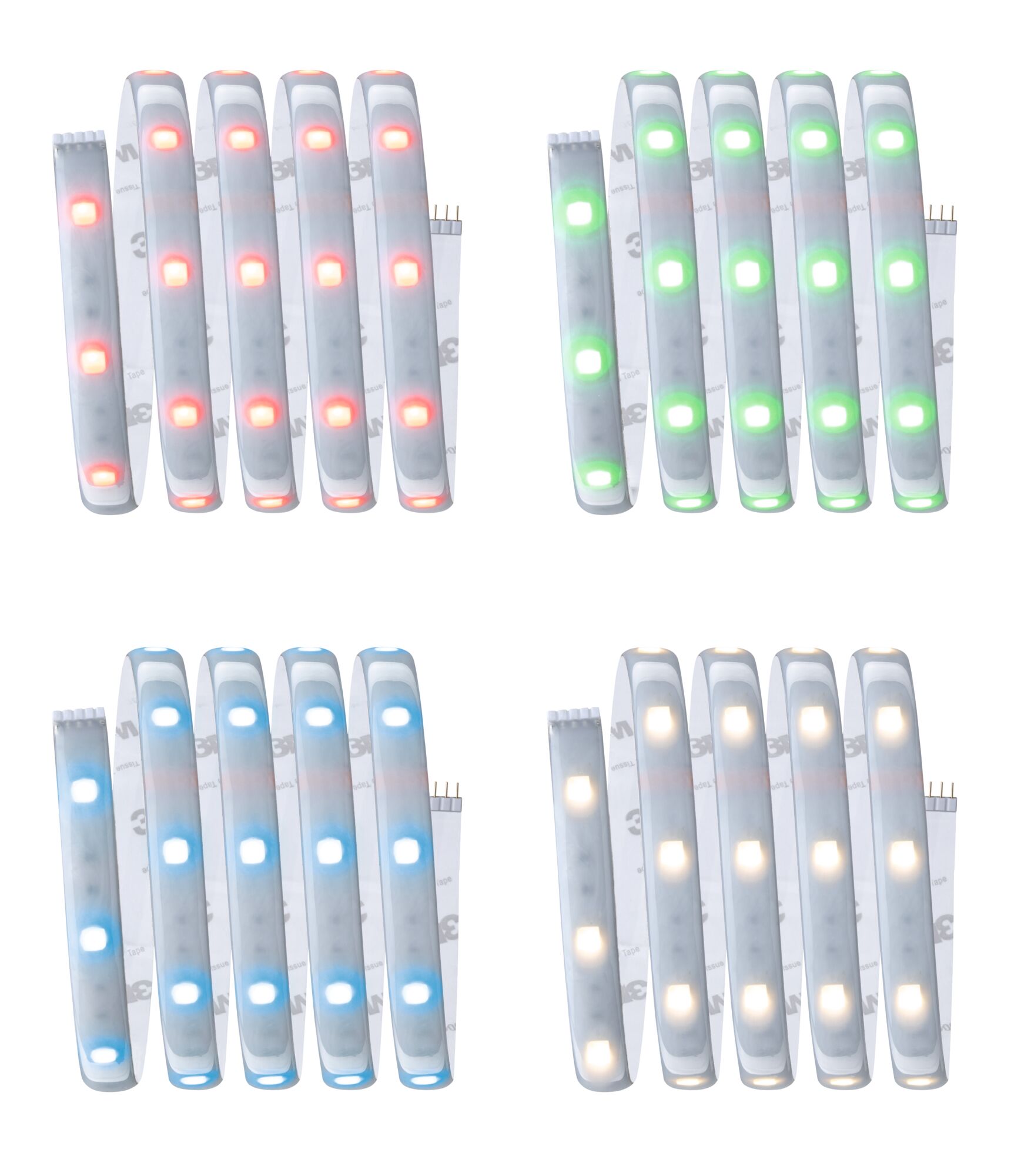 Four LED light strips in red, green, blue, and warm white with adhesive backing for versatile lighting