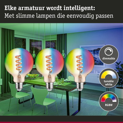 Kleurrijke dimbare RGBW LED-lampen voor slimme verlichting in eetkamer met instelbaar wit