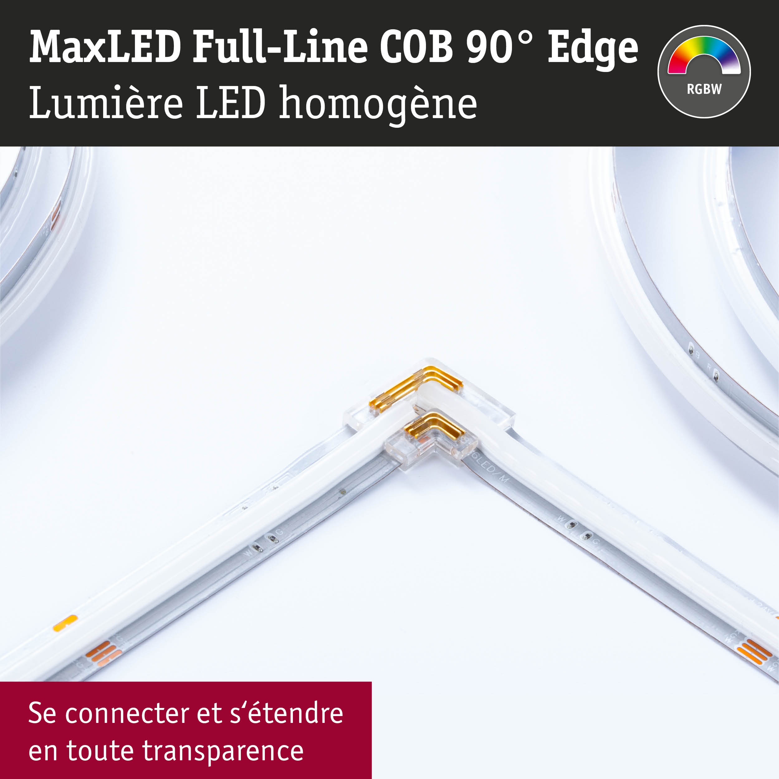 Bande LED MaxLED Full-Line COB 90° RGBW avec connecteurs d'angle transparents pour éclairage flexible