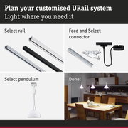 Modular URail track system with white and black rails, connectors, and pendant light for kitchen lighting