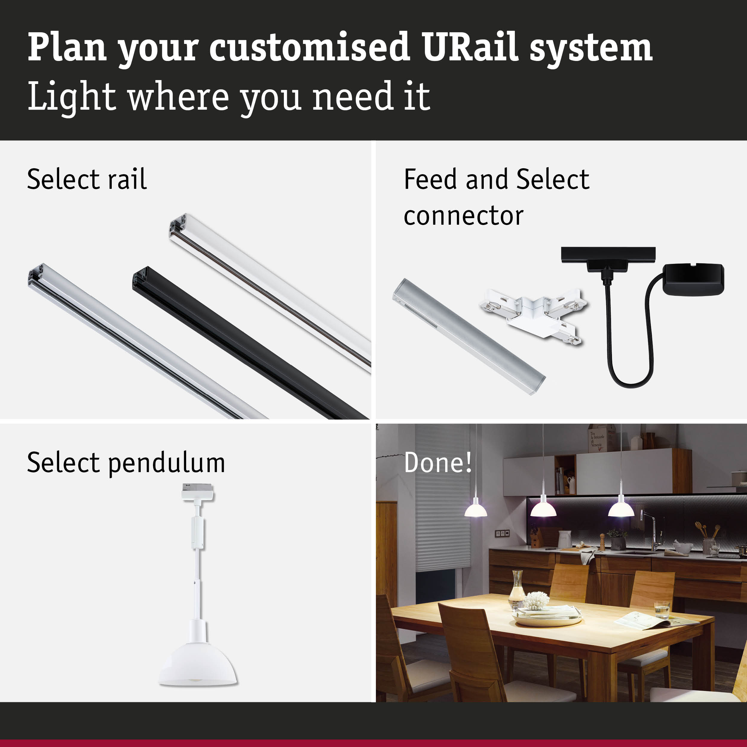 Modular URail track system with white and black rails, connectors, and pendant light for kitchen lighting