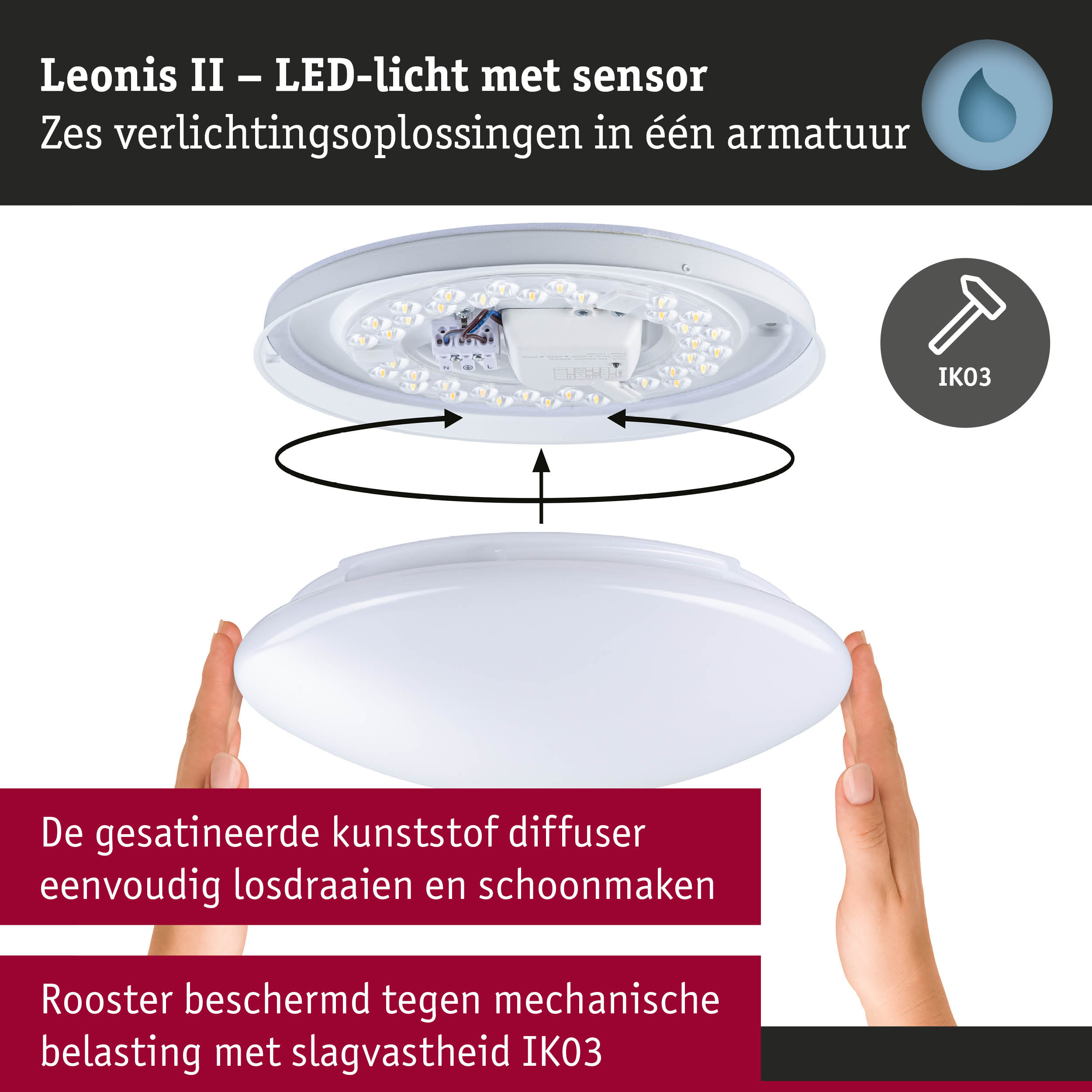 Leonis II LED-plafondlamp met sensor, witte kunststof diffuser en IK03 slagvastheid