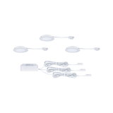 Tre hvide LED-indbygningslamper med kabler og hvid strømforsyning til moderne belysning