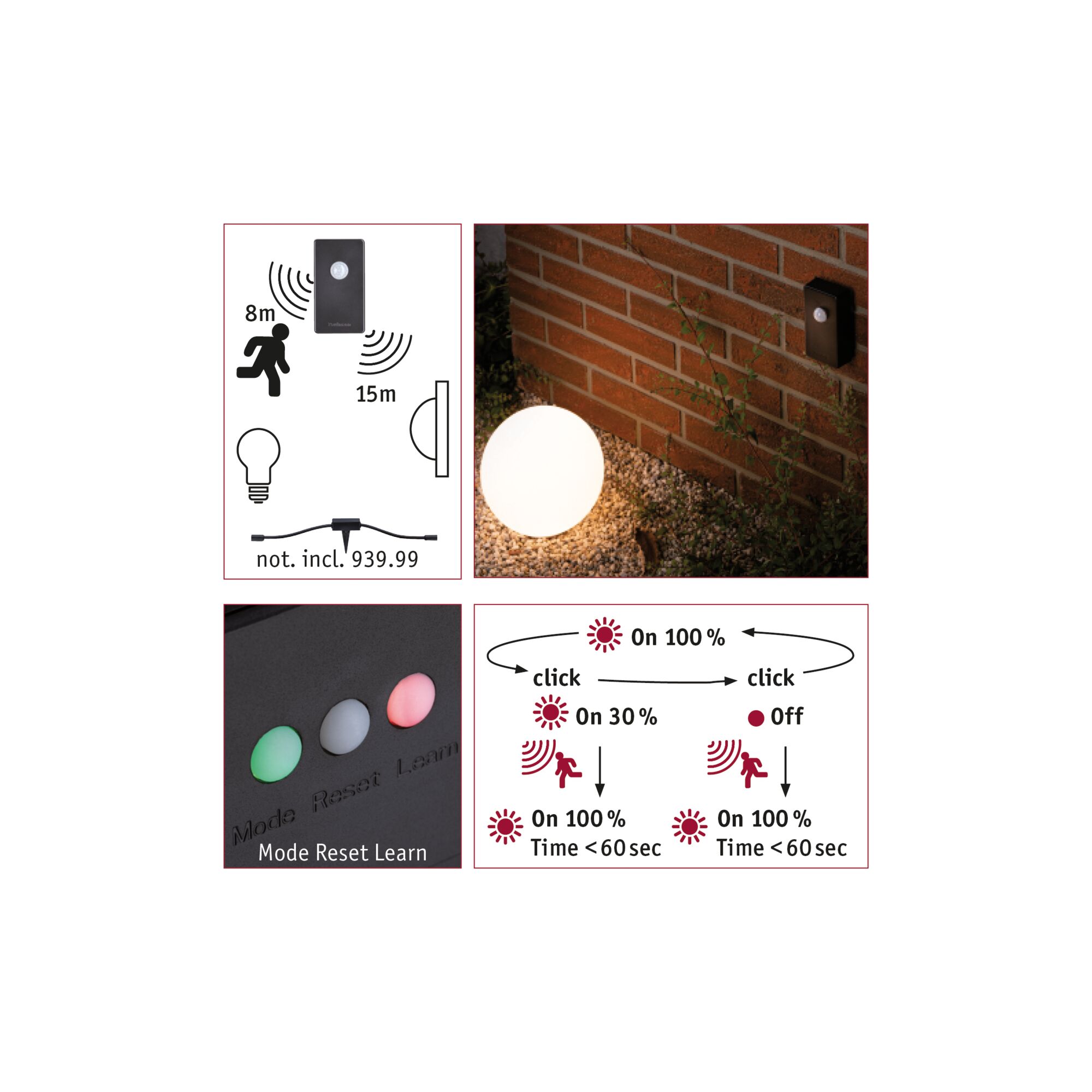 Black motion sensor with 8m and 15m range for outdoor lighting, control lights and wiring diagram.