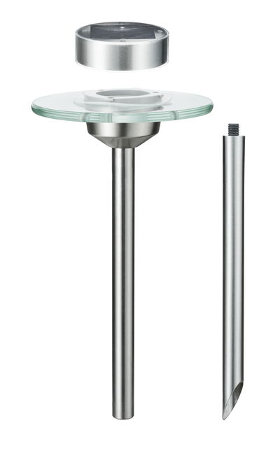 RVS tuinlamp met glazen plaat en zonnepaneel, modern ontwerp voor buitenverlichting