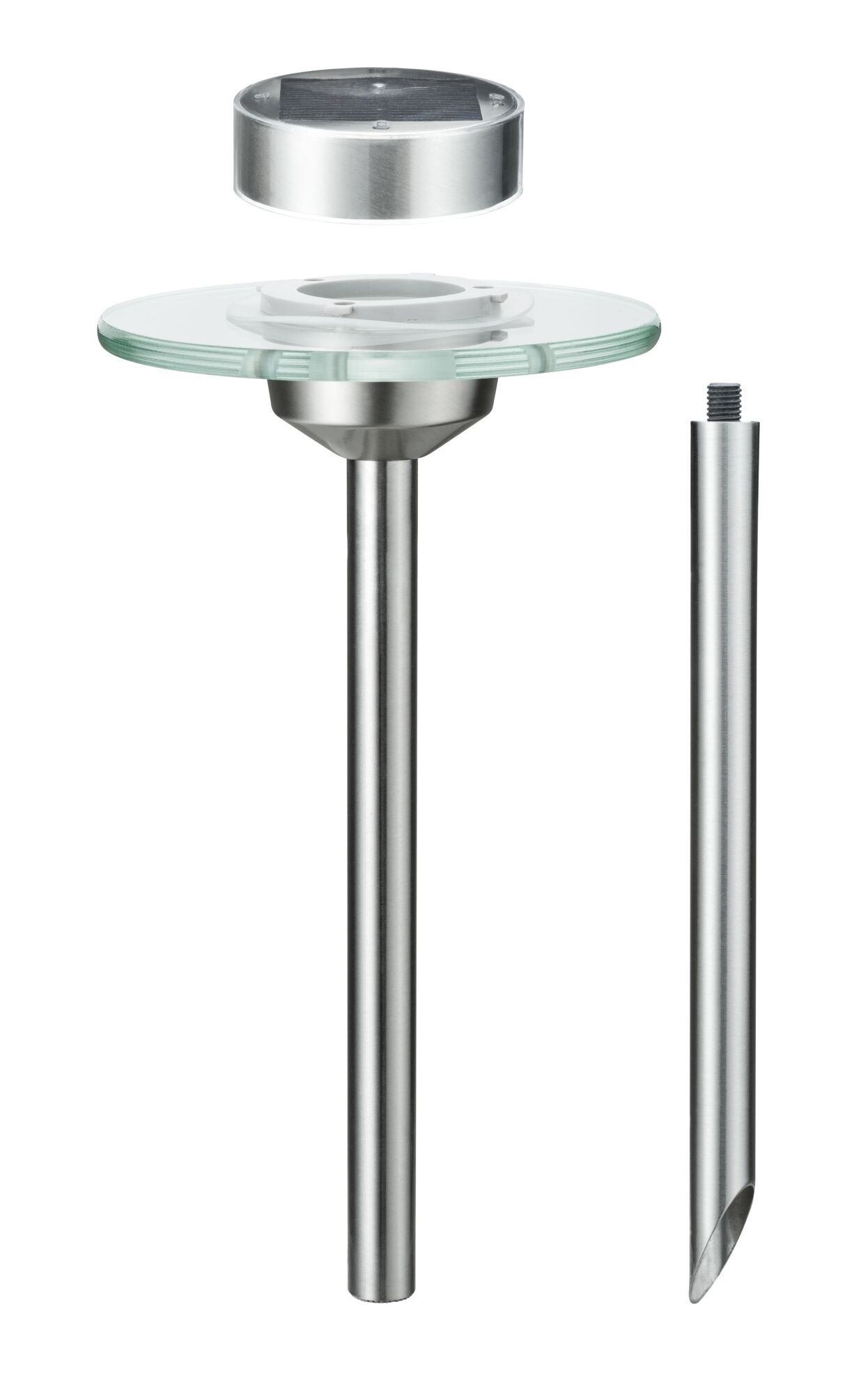 RVS tuinlamp met glazen plaat en zonnepaneel, modern ontwerp voor buitenverlichting