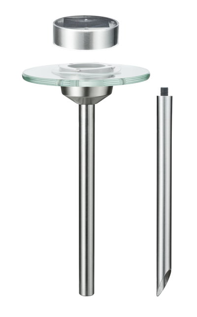 Stainless steel garden light with glass plate and solar panel, modern outdoor lighting design