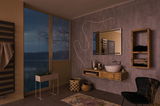 Modern bathroom with wooden vanity, grey wall, and decorative mirror without lighting
