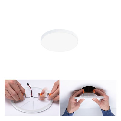 Round white LED ceiling light made of plastic with mounting clips, easy installation and modern design
