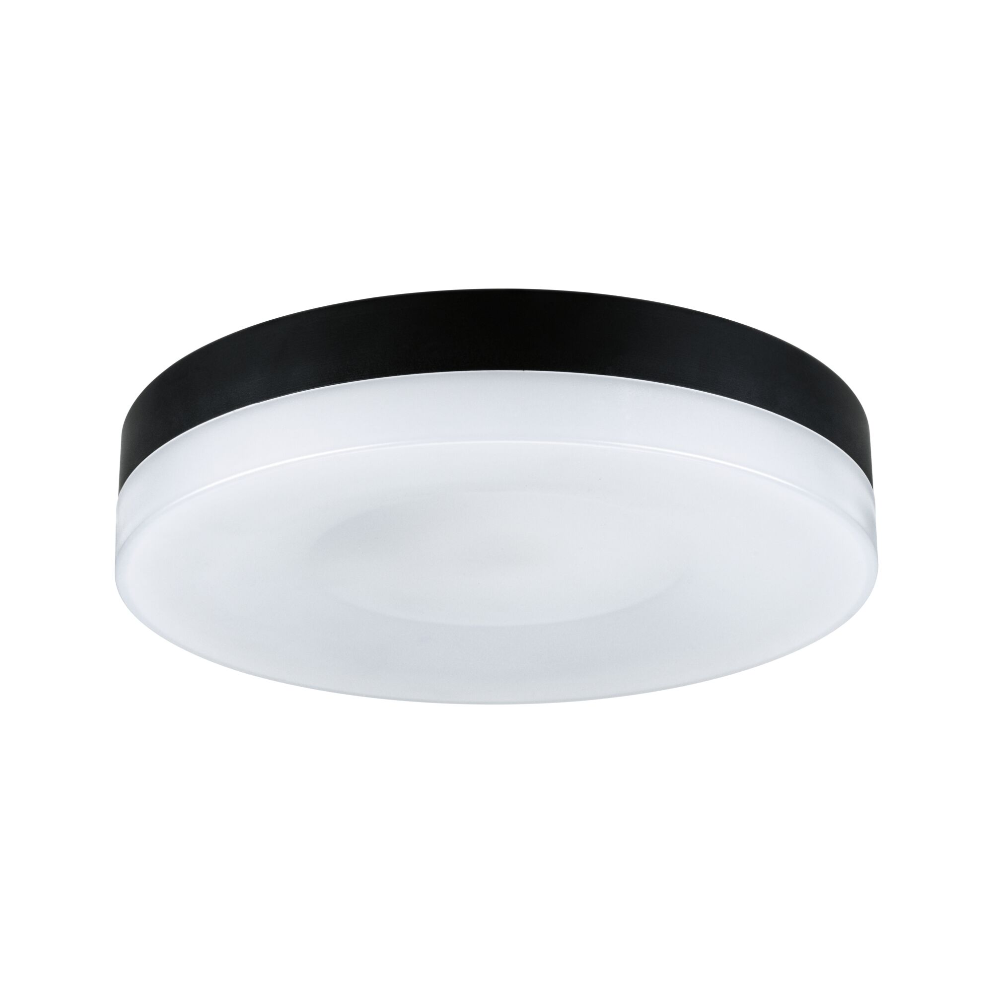 Ronde plafondlamp met zwarte rand en witte kunststof diffuser voor moderne binnenverlichting