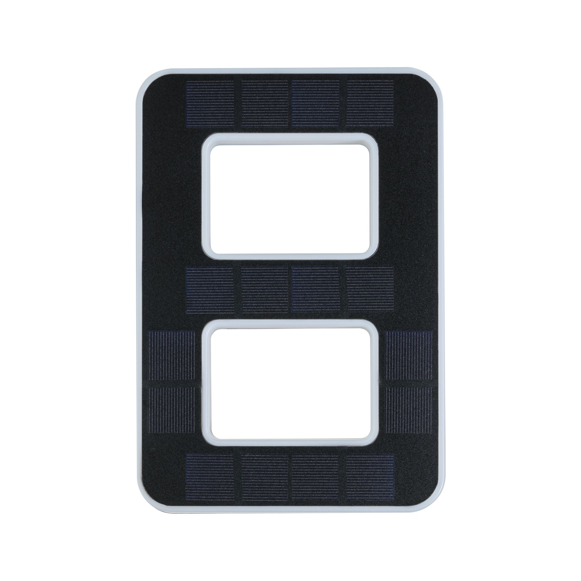 Rectangular black solar frame with two rectangular cutouts and white border for LED lighting