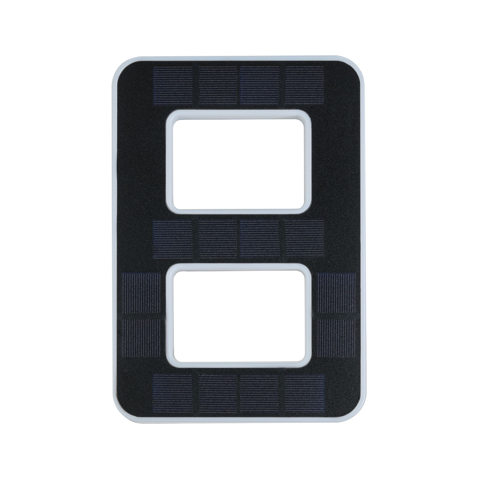 Black plastic panel with rectangular cutouts and fine lines for electronic device components