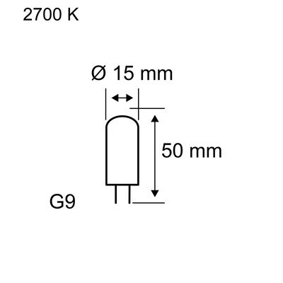 Schéma technique d’une ampoule LED G9 de 15 mm de diamètre et 50 mm de longueur, lumière 2700 K