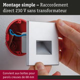 Montage d'un éclairage mural argenté avec raccordement direct 230 V sans transformateur dans boîte encastrée rouge