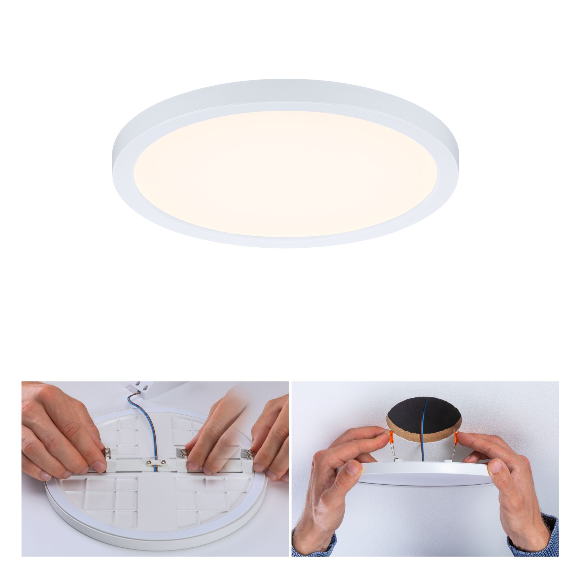 Runde weiße LED-Deckenleuchte mit warmweißem Licht und Montage durch Hände an der Rückseite